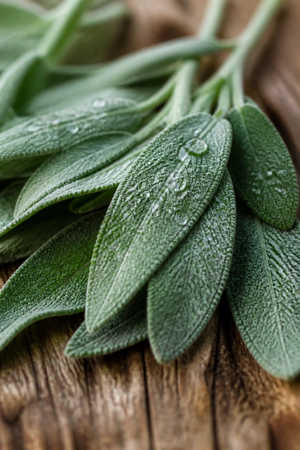 Fresh sage leaves on wood surface