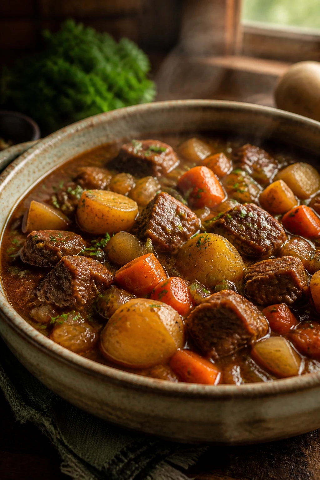 Close-up of a steaming Irish beef stew in a rustic bowl
