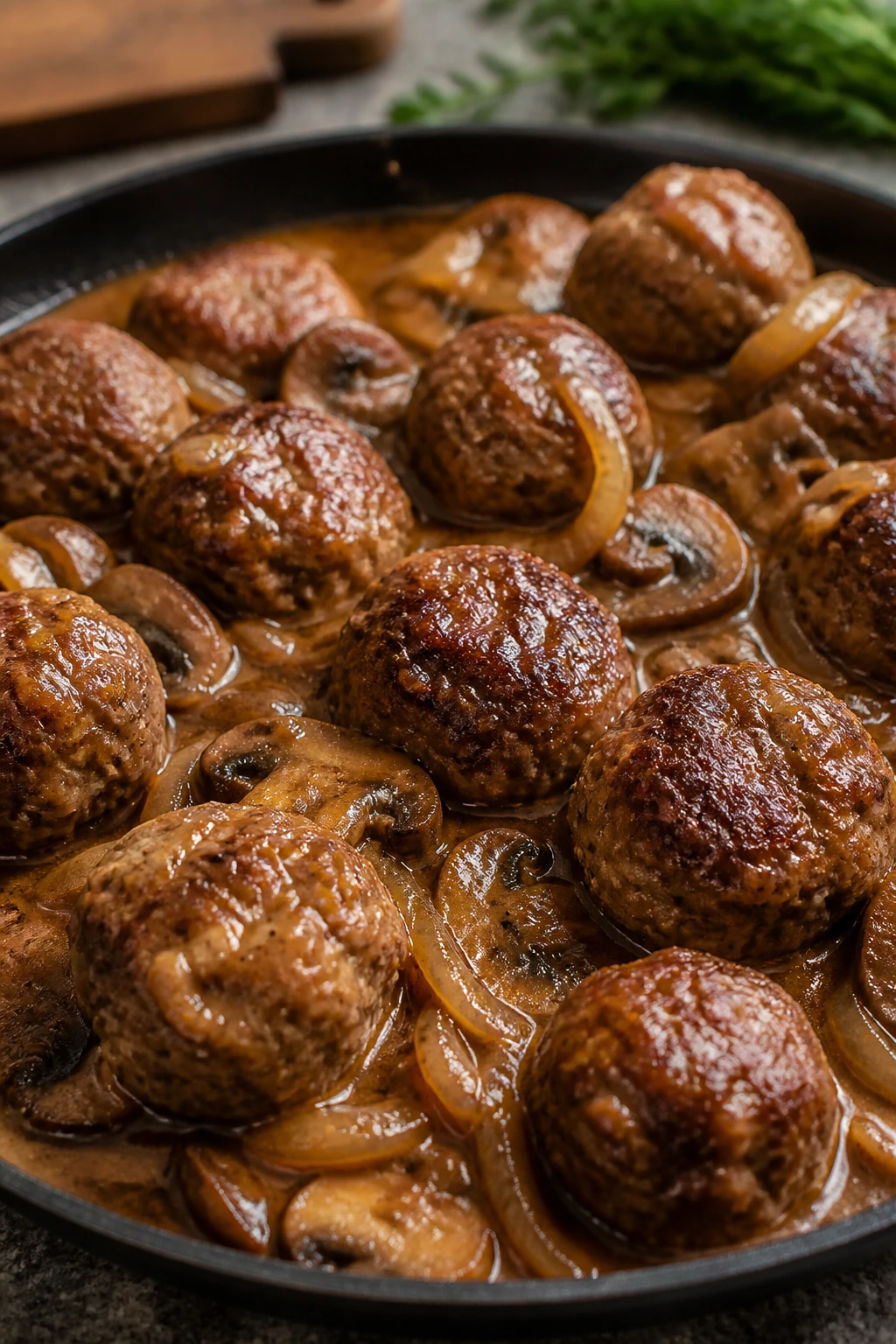 Meatballs with Salisbury-style gravy and mushrooms in a pan
