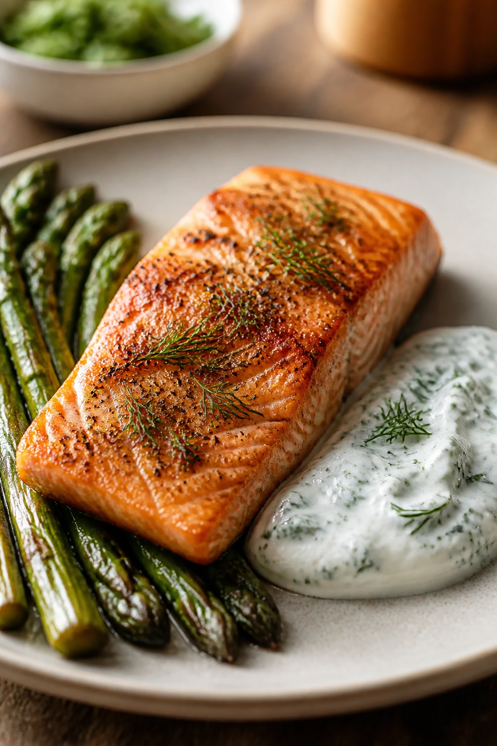 Close-up of salmon fillet with asparagus on a plate