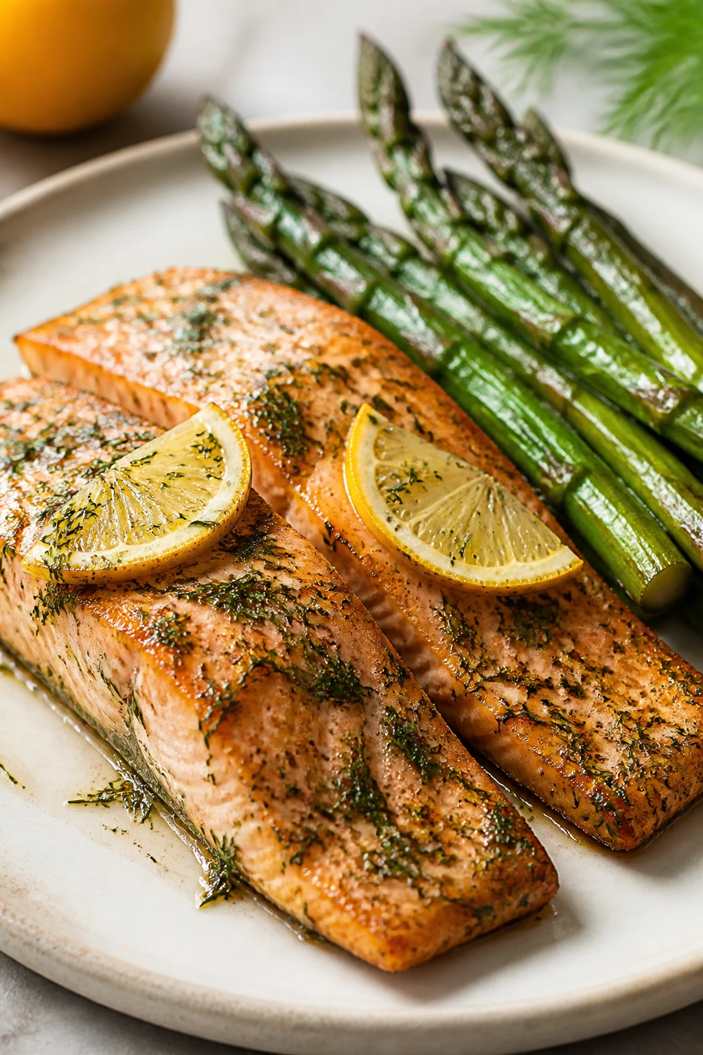 Two salmon fillets with asparagus on a plate