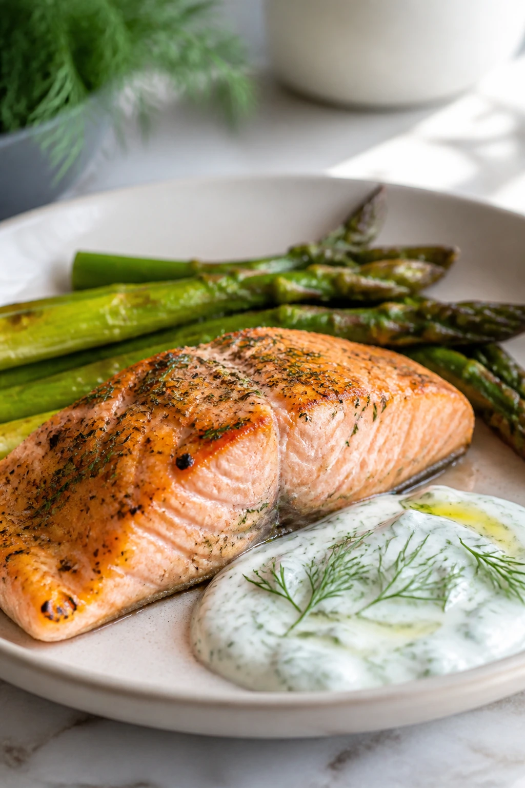Salmon fillet with asparagus and dill yogurt on a plate