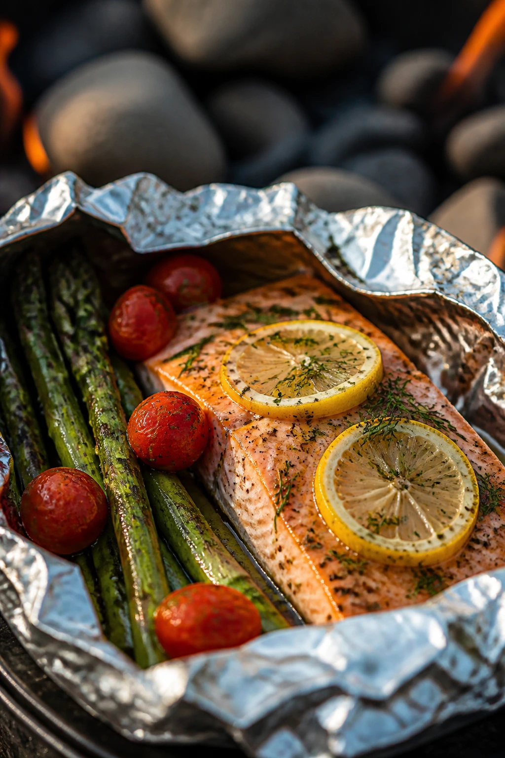 Foil packet with lemon-dill salmon and asparagus at campsite