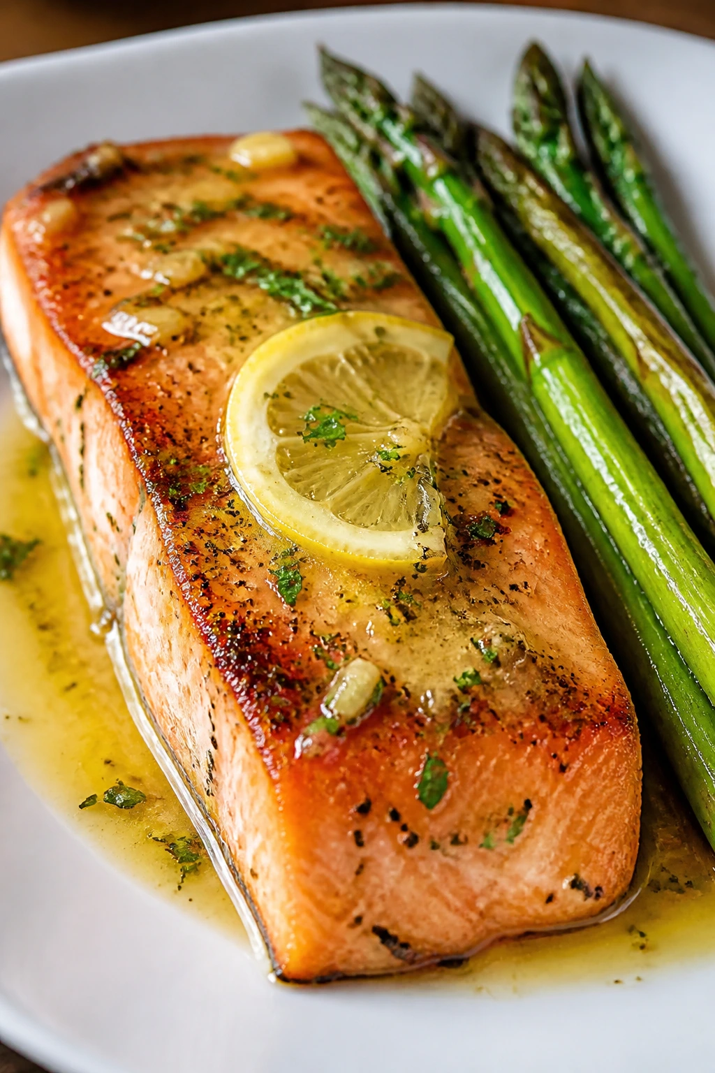 Salmon fillet with lemon butter and asparagus on a white plate