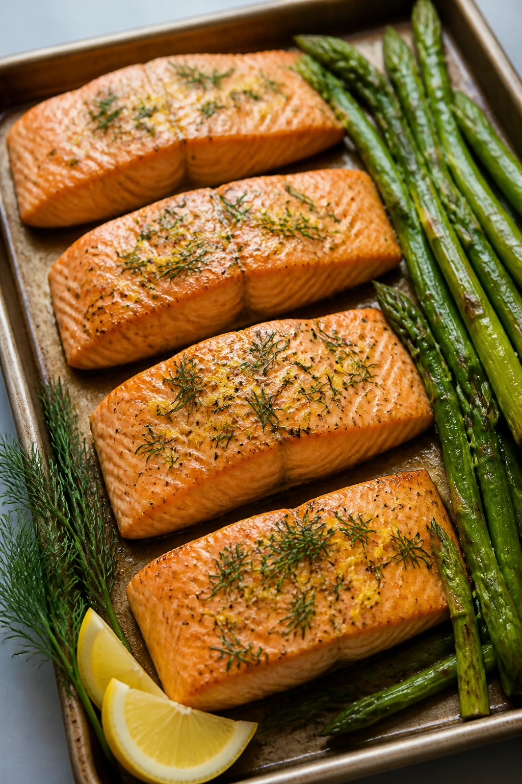Salmon fillets with asparagus on a sheet pan under bright kitchen light
