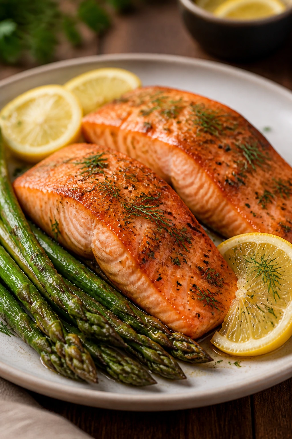 Two salmon fillets with asparagus on a plate