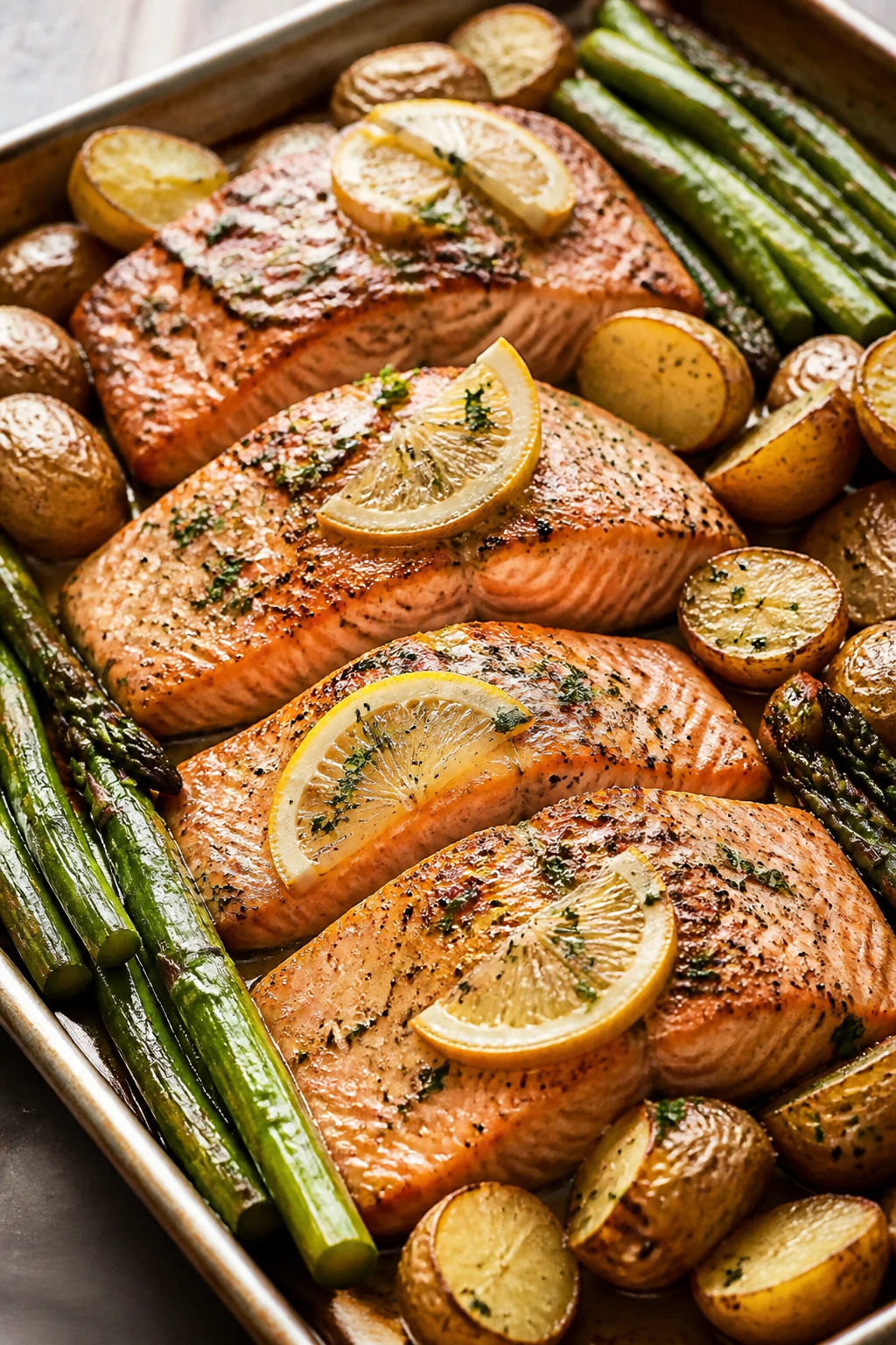 Close-up of lemon butter salmon with asparagus and baby potatoes on a sheet pan