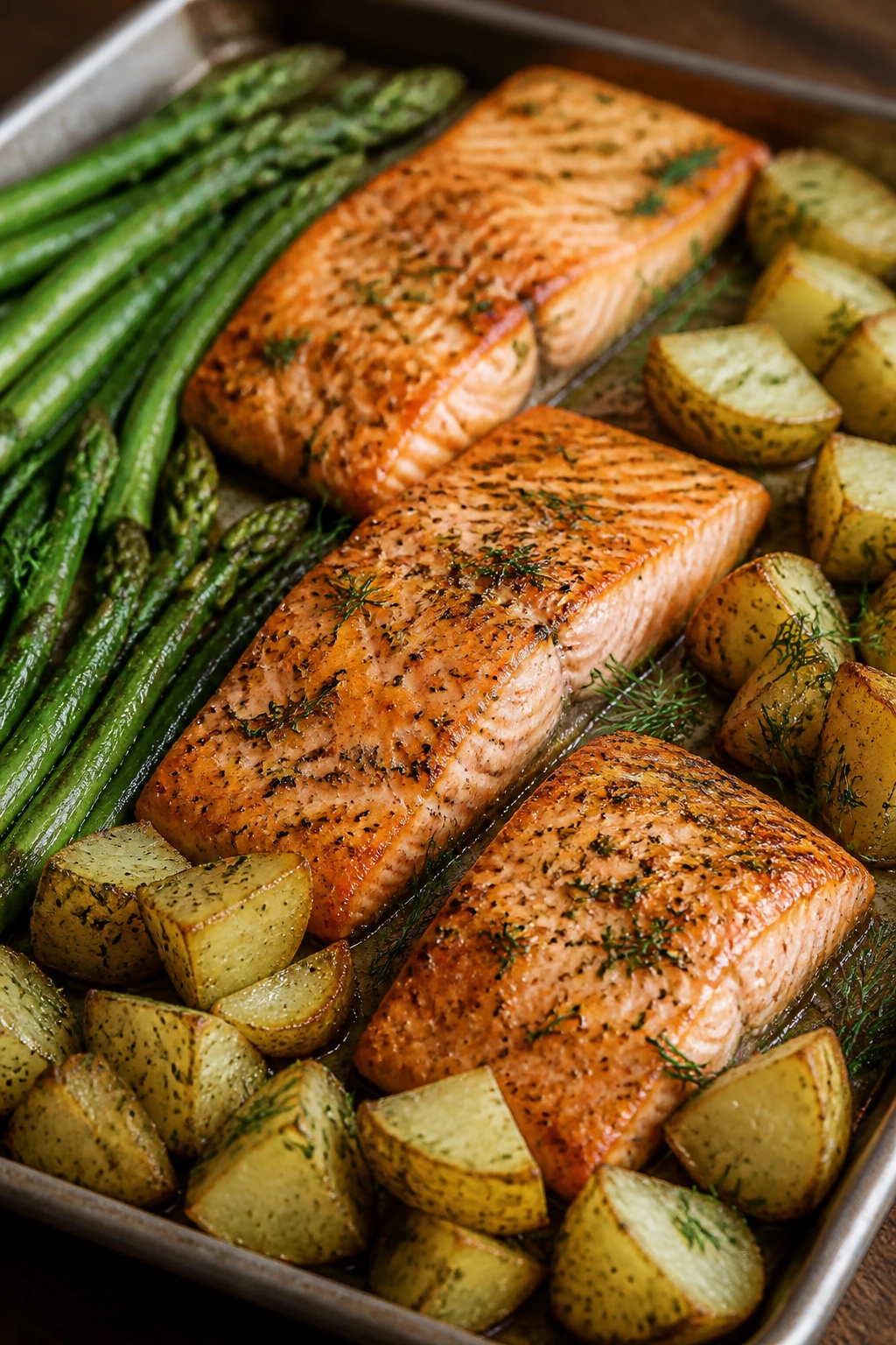Sheet pan salmon with asparagus and potatoes in a warm kitchen