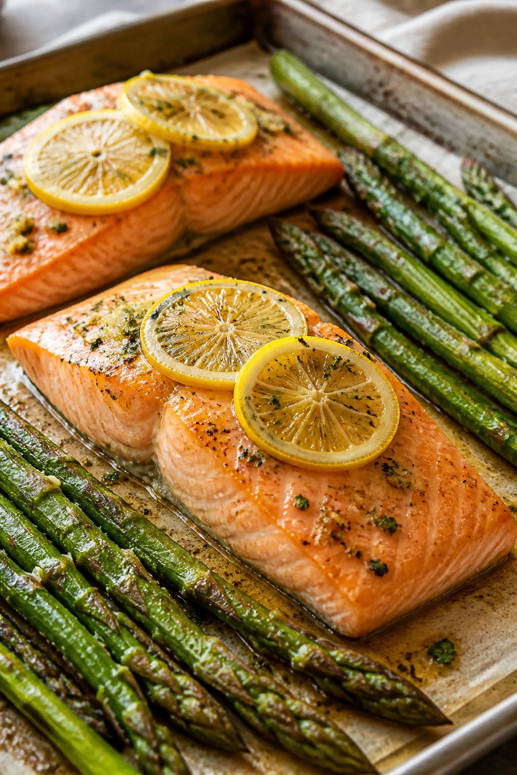 Close-up of salmon fillets with lemon butter and asparagus on a sheet pan.