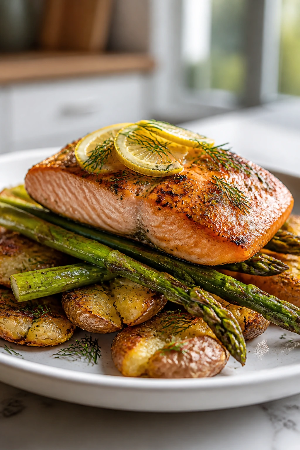 salmon with asparagus on silver-edged smashed potatoes