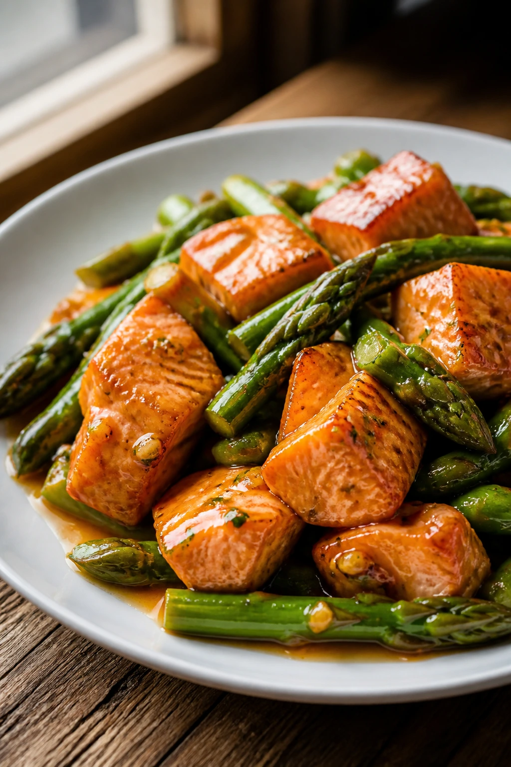 Close-up of salmon and asparagus stir-fry in orange-ginger glaze on plate