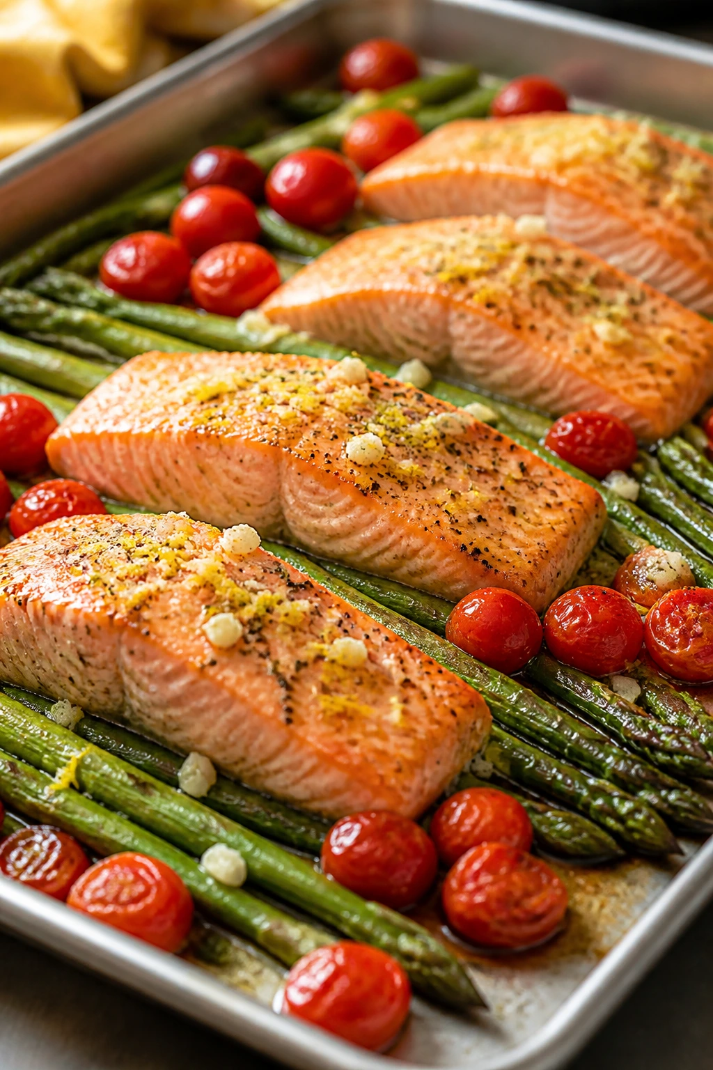 Close-up of salmon with asparagus and cherry tomatoes on a sheet pan