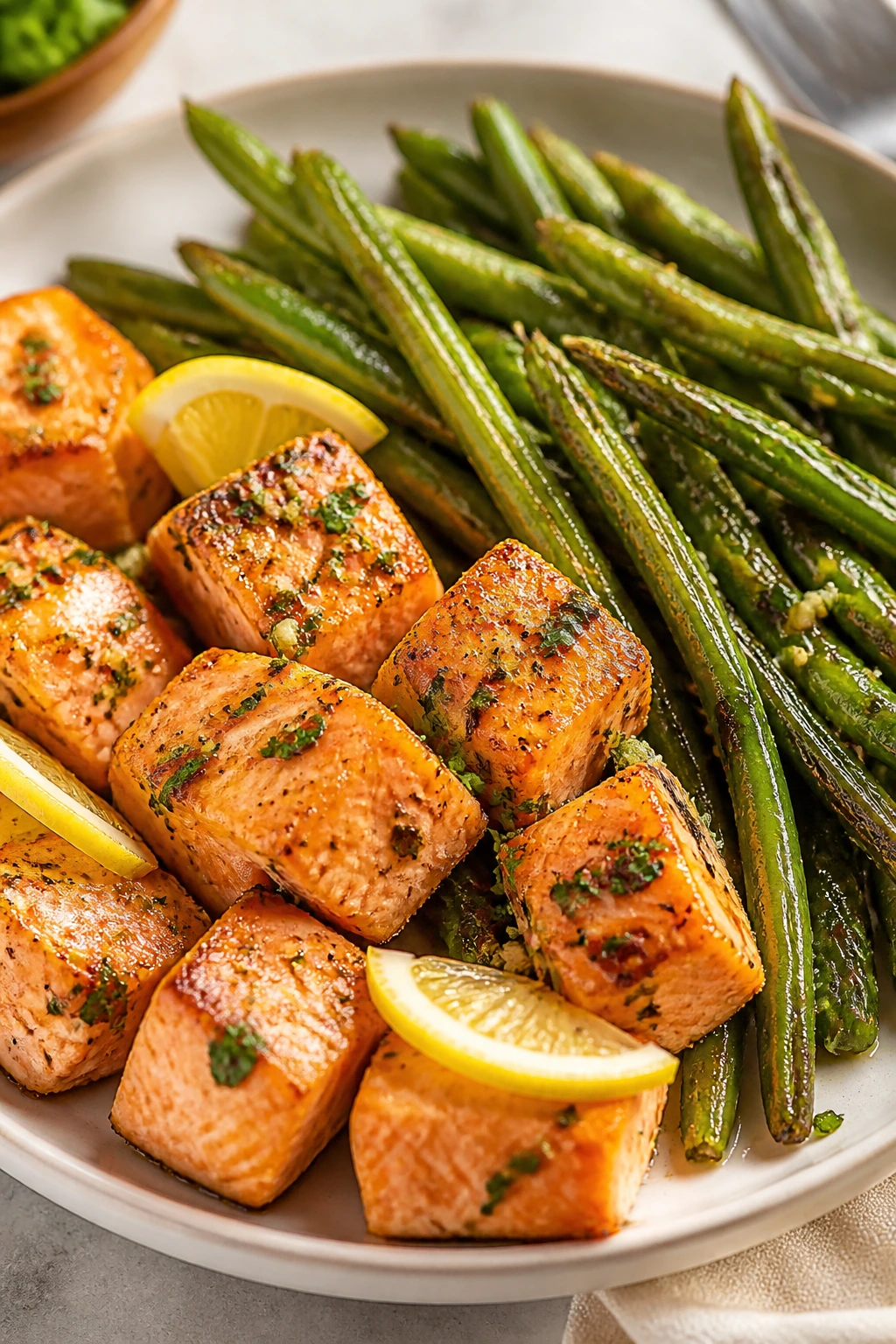 Salmon bites with green beans on a plate in a bright kitchen