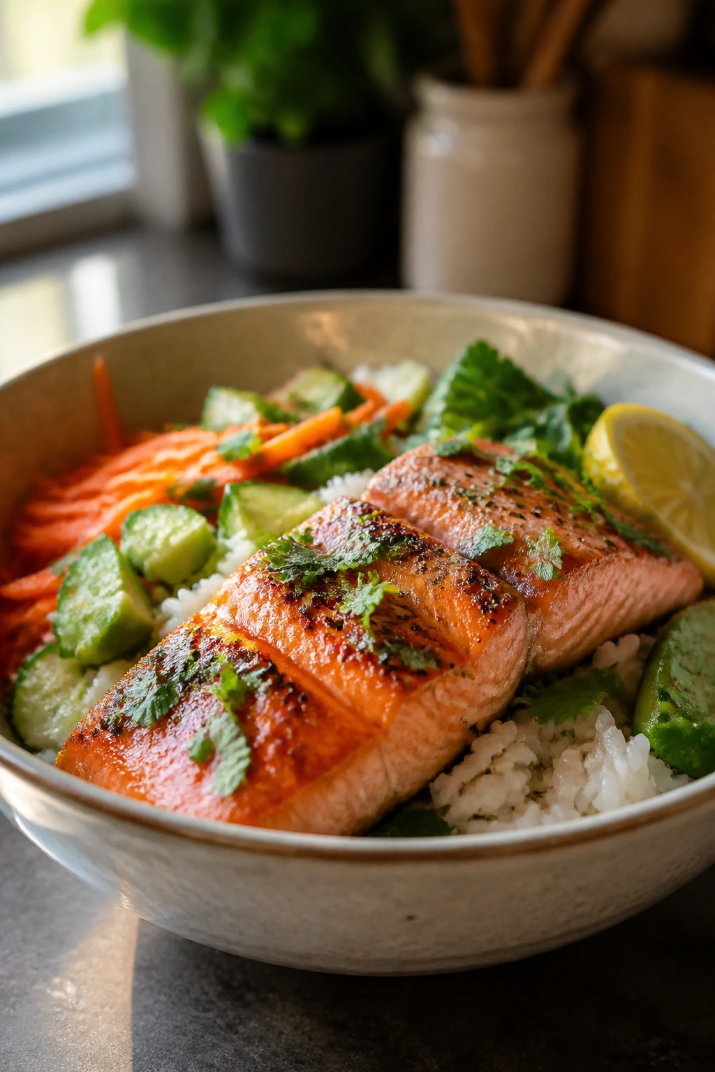 Balanced salmon bowl with rice and herbs