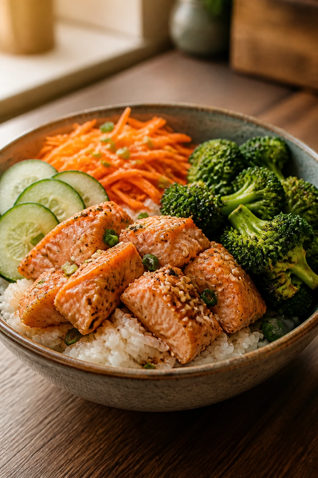 Close-up of a salmon bowl with rice broccoli and fresh veggies in warm kitchen light