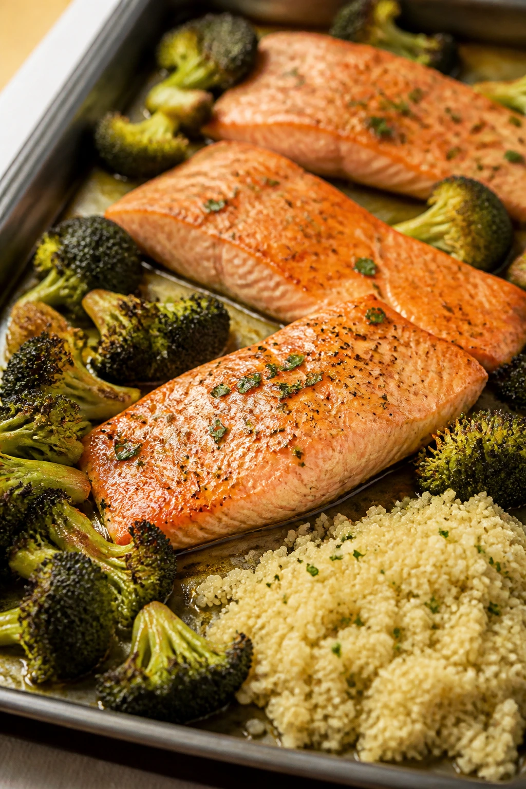 Sheet-pan salmon with broccoli and couscous