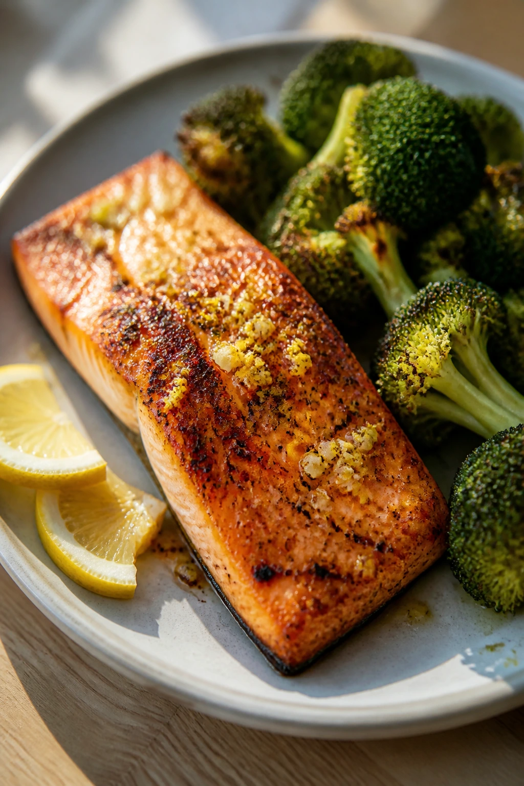 Salmon fillet with broccoli and lemon zest on plate