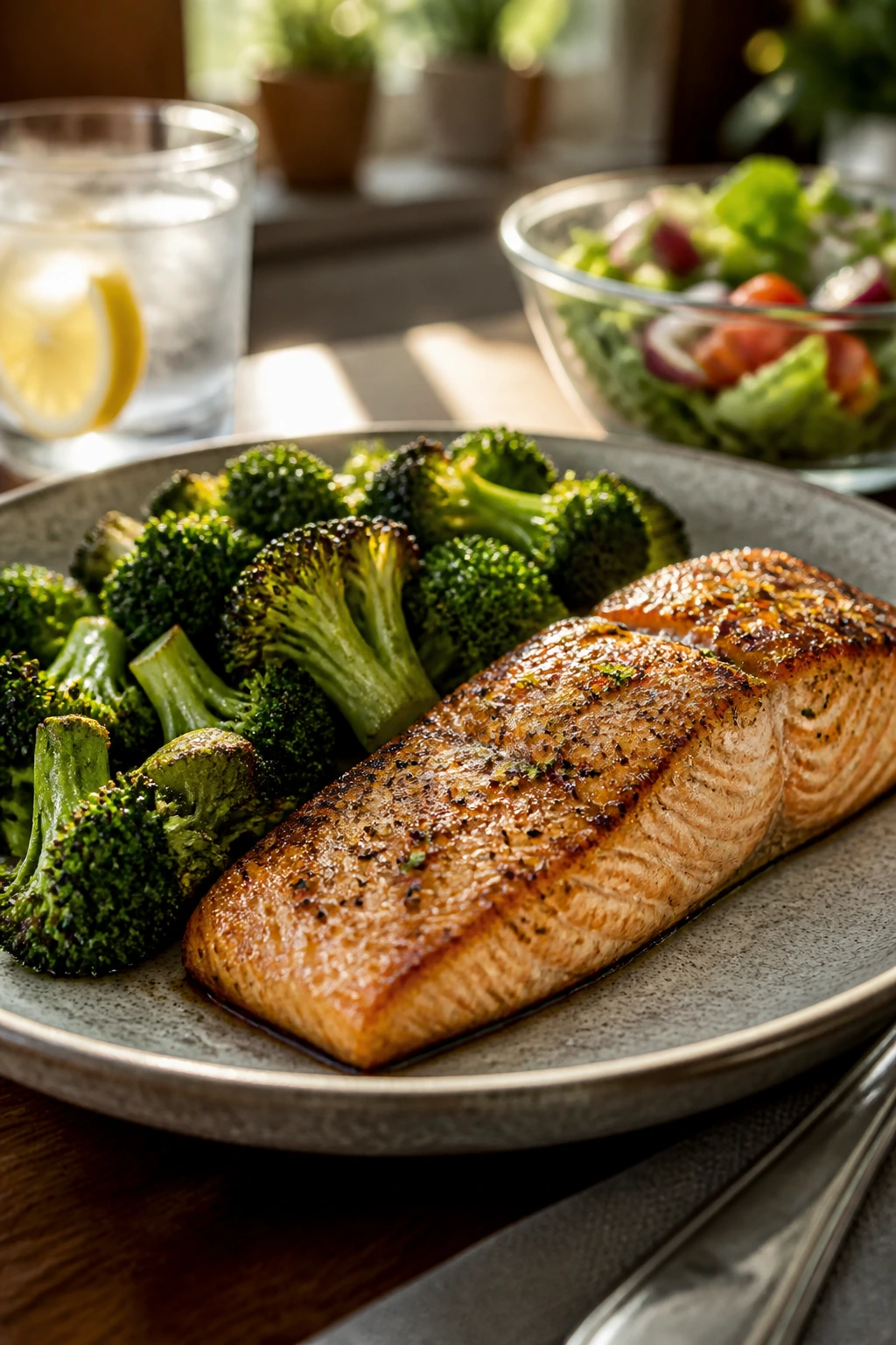 Plate of salmon and broccoli ready to serve