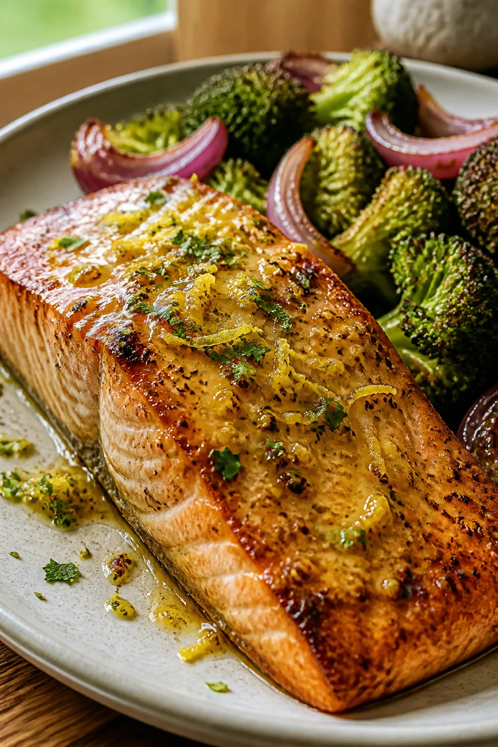 Lemon-Dijon salmon with broccoli and red onion on plate