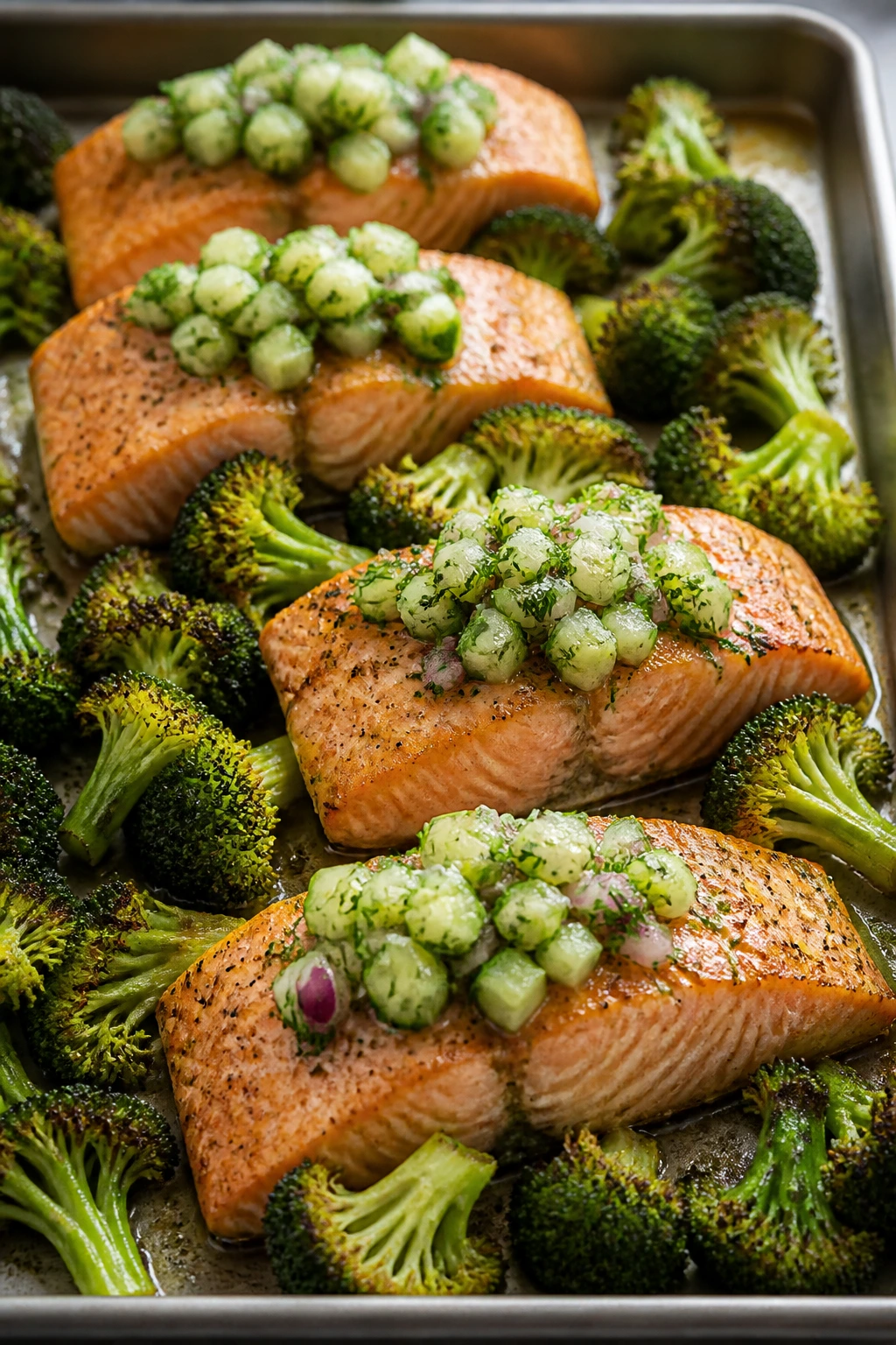 Close-up sheet-pan salmon with broccoli and dill-cucumber relish