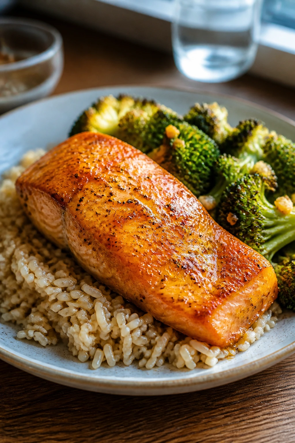 Close-up of lemon-turmeric salmon with broccoli and brown rice on plate