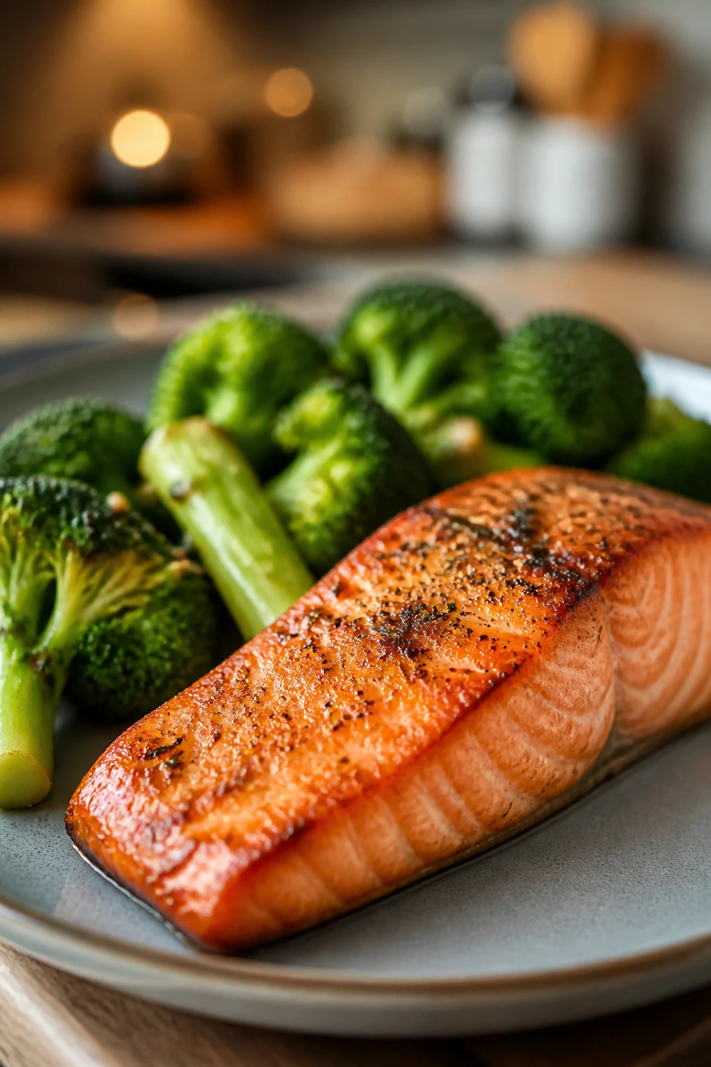 Close-up of perfectly cooked salmon and broccoli on a plate