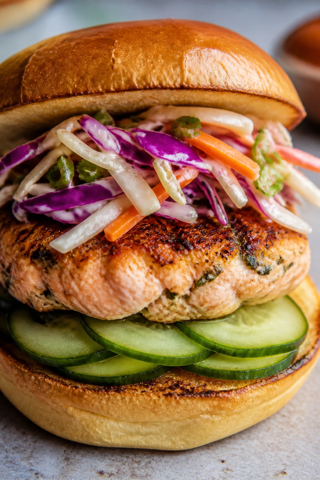 Close-up salmon burger with pickles and slaw on a bun