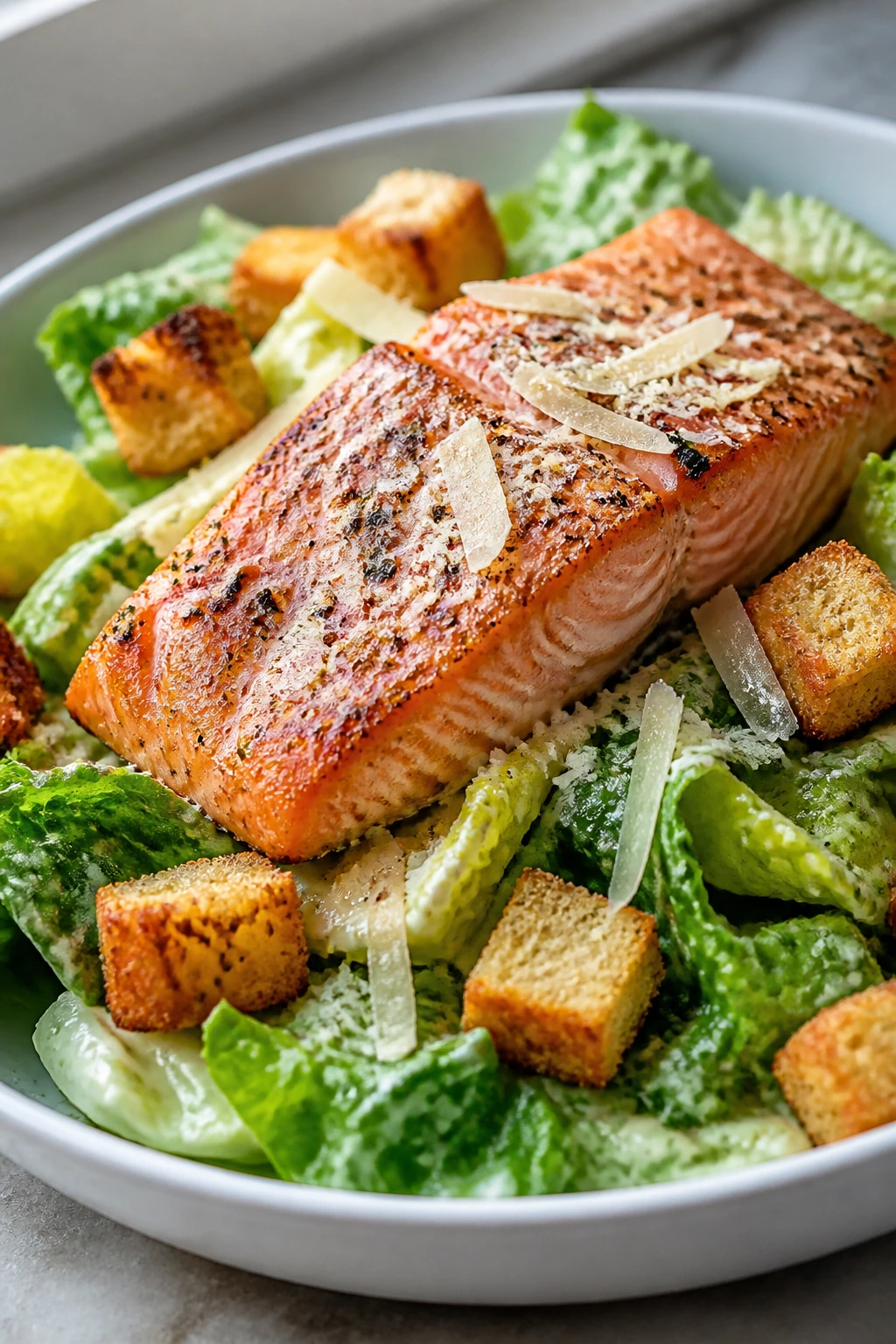 Salmon atop Caesar salad with romaine and croutons