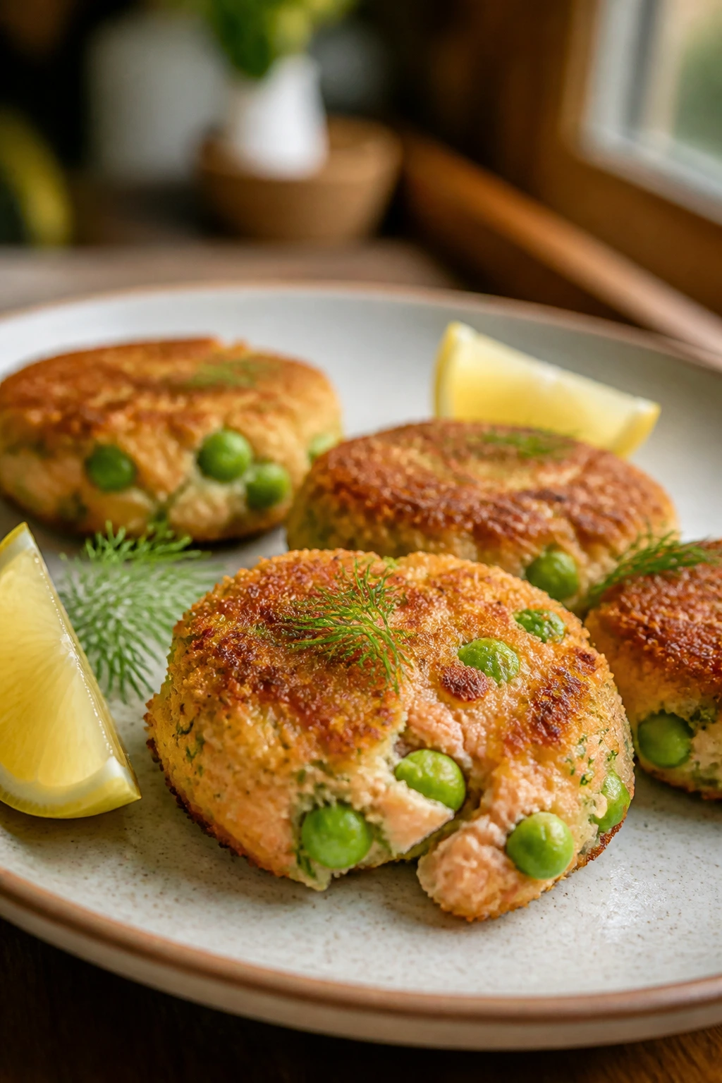 Salmon cakes with peas on a plate for toddlers