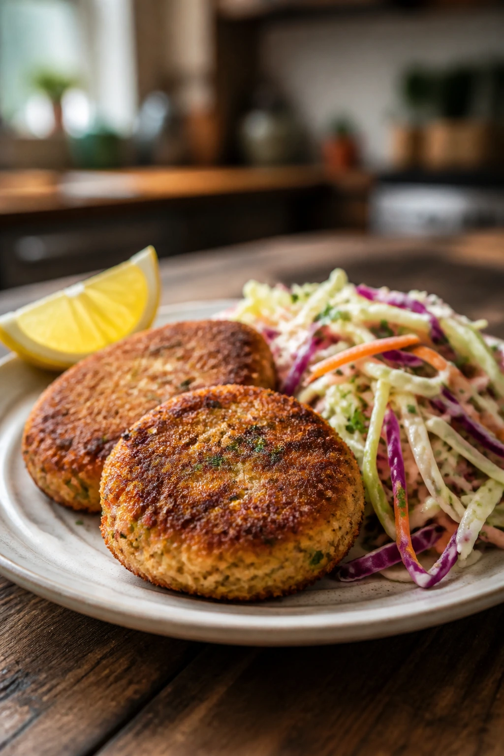 Close-up of salmon cakes with cabbage slaw on plate