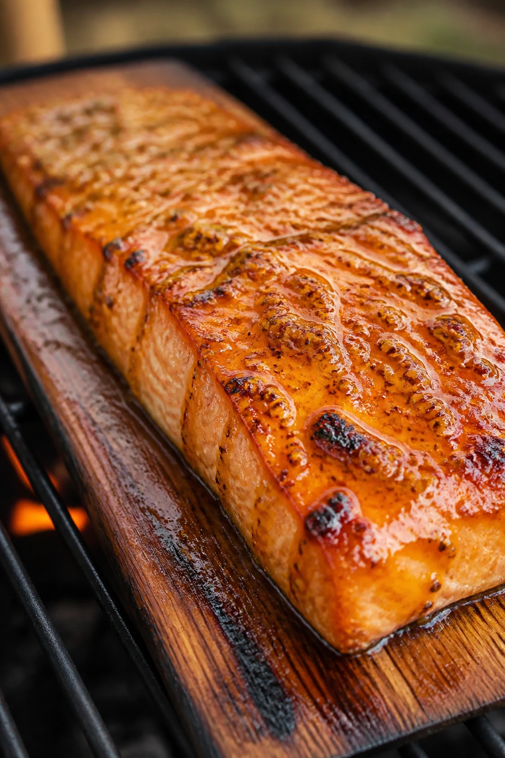 Salmon fillet on cedar plank with Dijon maple glaze