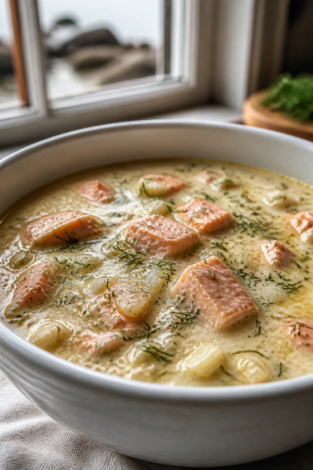 Close-up of smoky salmon chowder with dill in a ceramic bowl