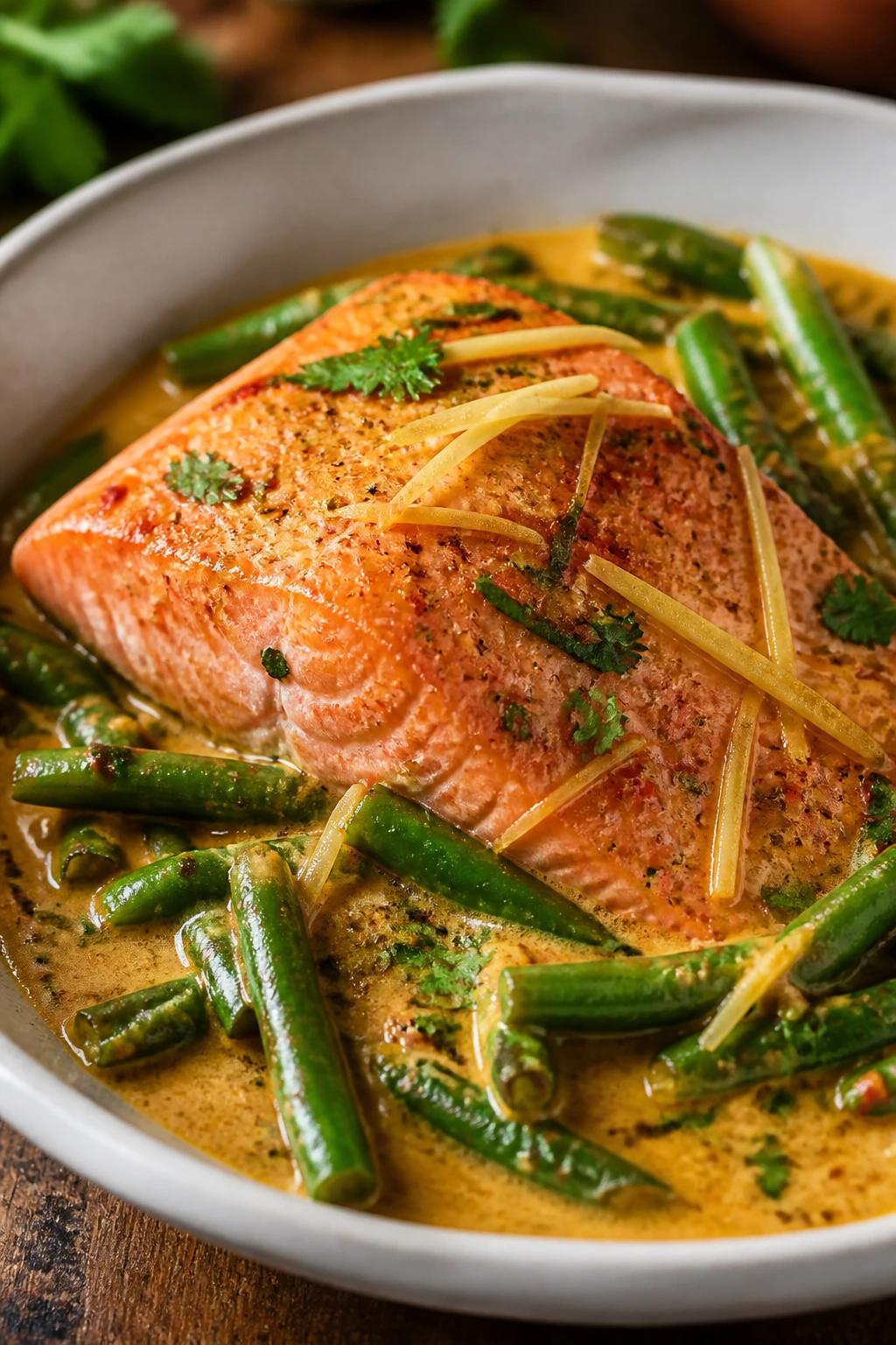 Close-up of salmon with green beans in coconut curry