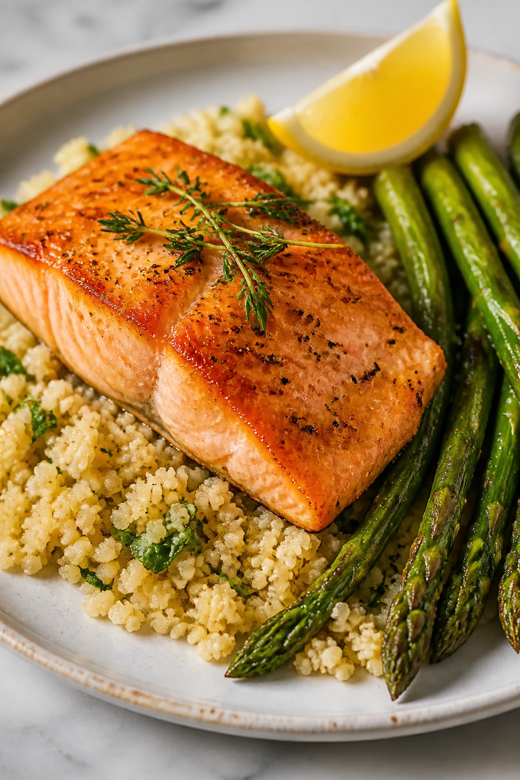 Salmon with couscous and asparagus plated neatly.