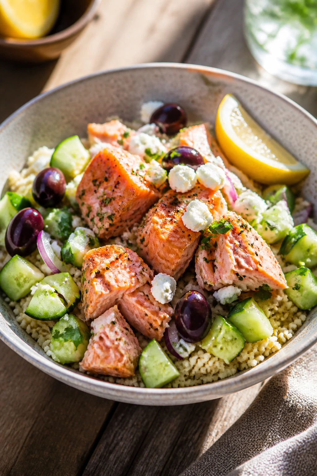 Close-up bowl of Mediterranean salmon couscous with cucumber, olives, feta