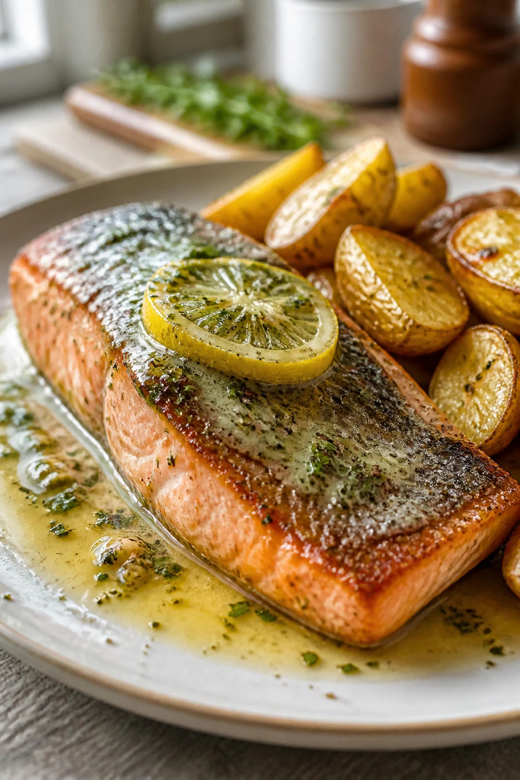 Salmon fillet with crispy skin and potatoes on a plate