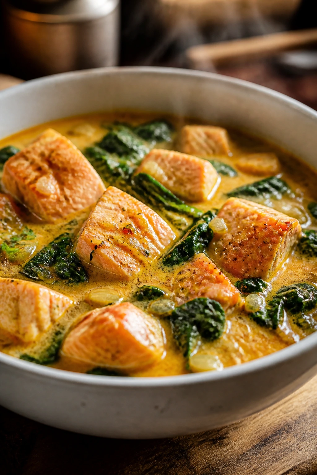 Salmon in coconut curry with spinach