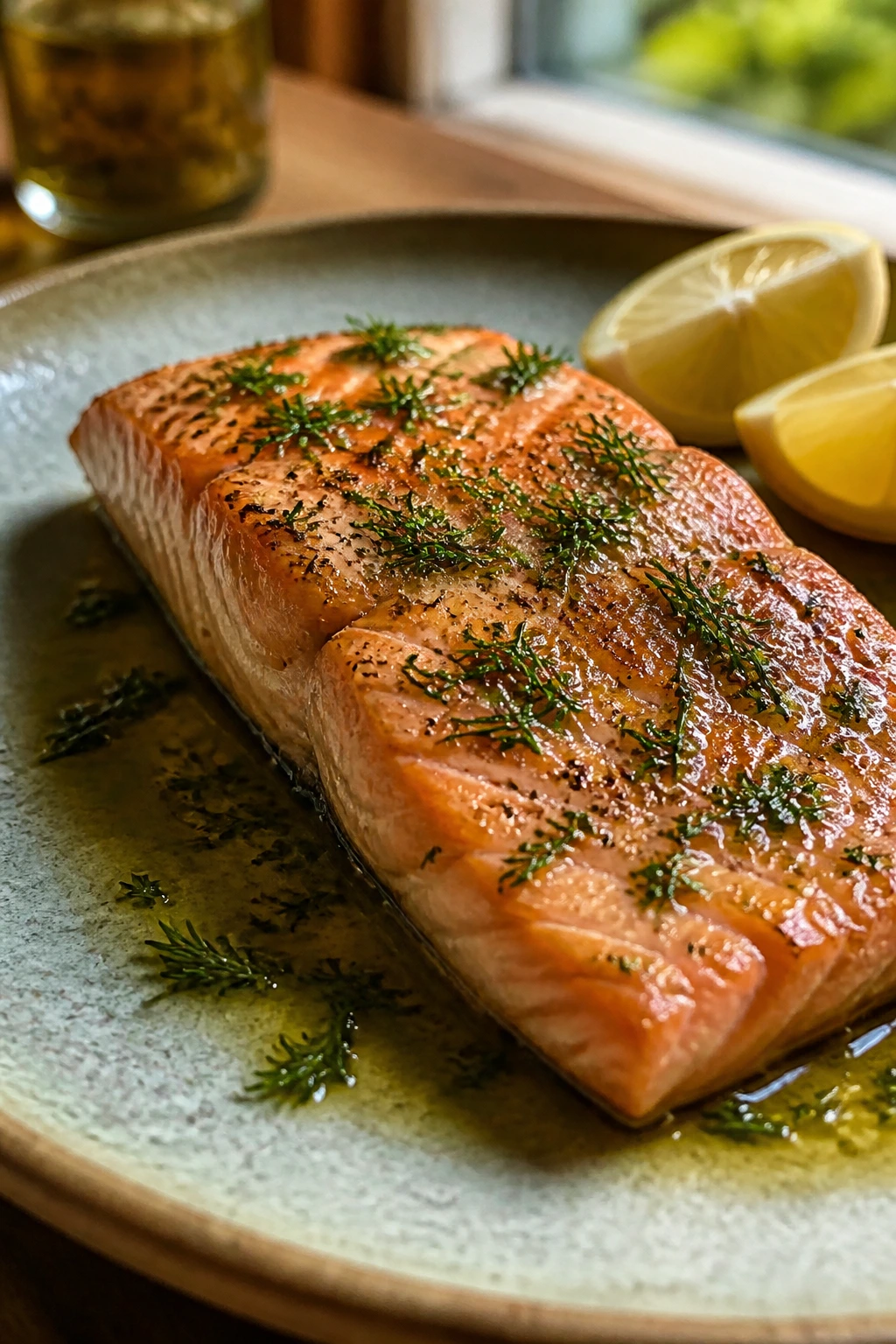 Dairy-free salmon plated with herbs on a wooden table.