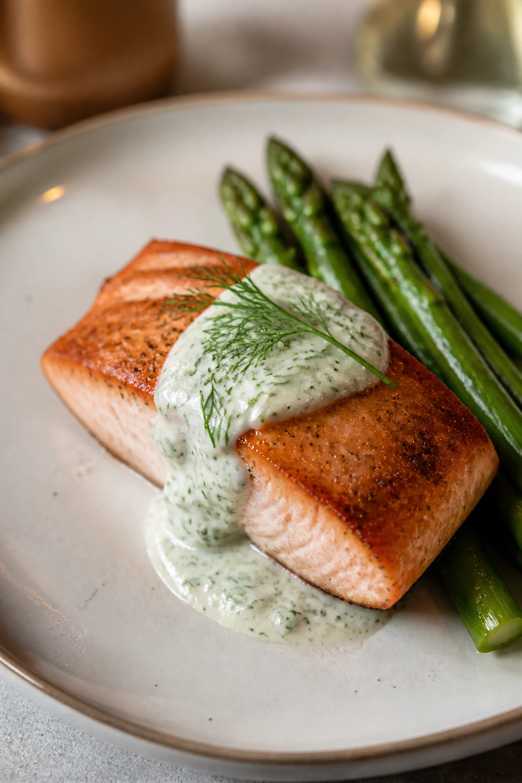 Close-up of seared salmon with dill cream and asparagus.