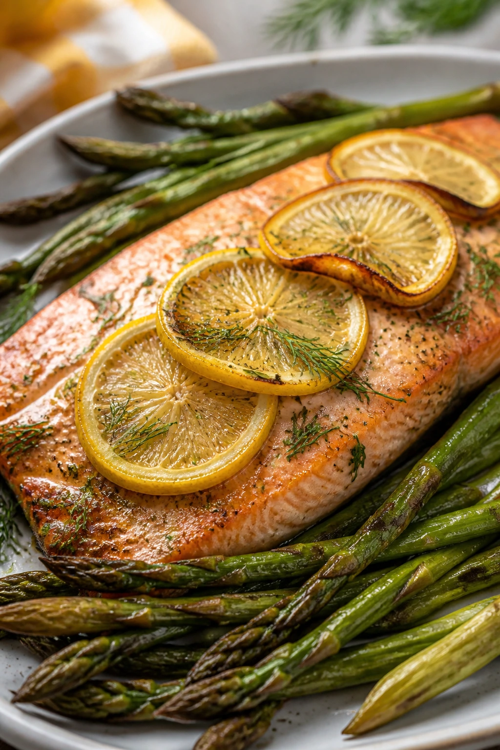 Baked salmon with dill and lemon and asparagus