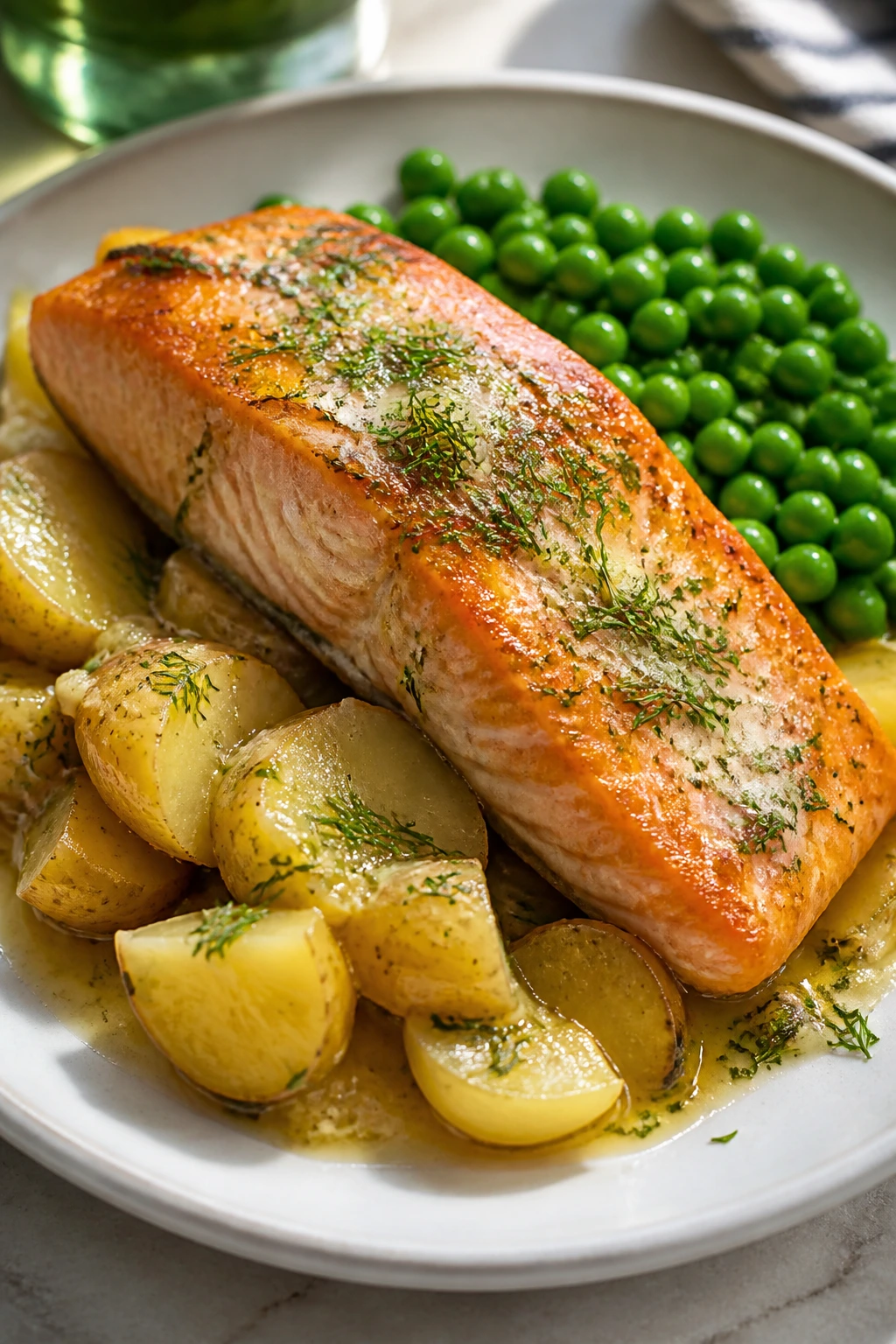 Close-up of salmon with dill butter, potatoes, and peas on a plate