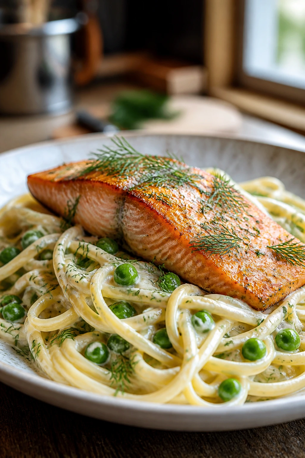 Plate of salmon pasta with dill and peas