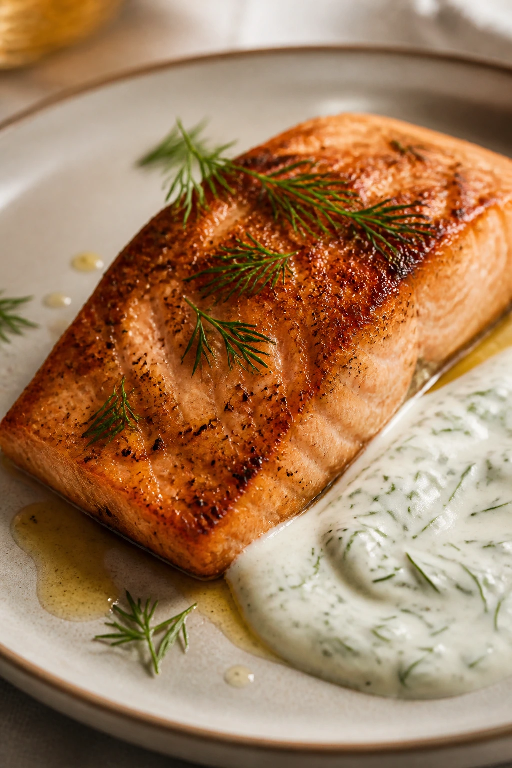 Pan-seared salmon with dill yogurt sauce on a plate.