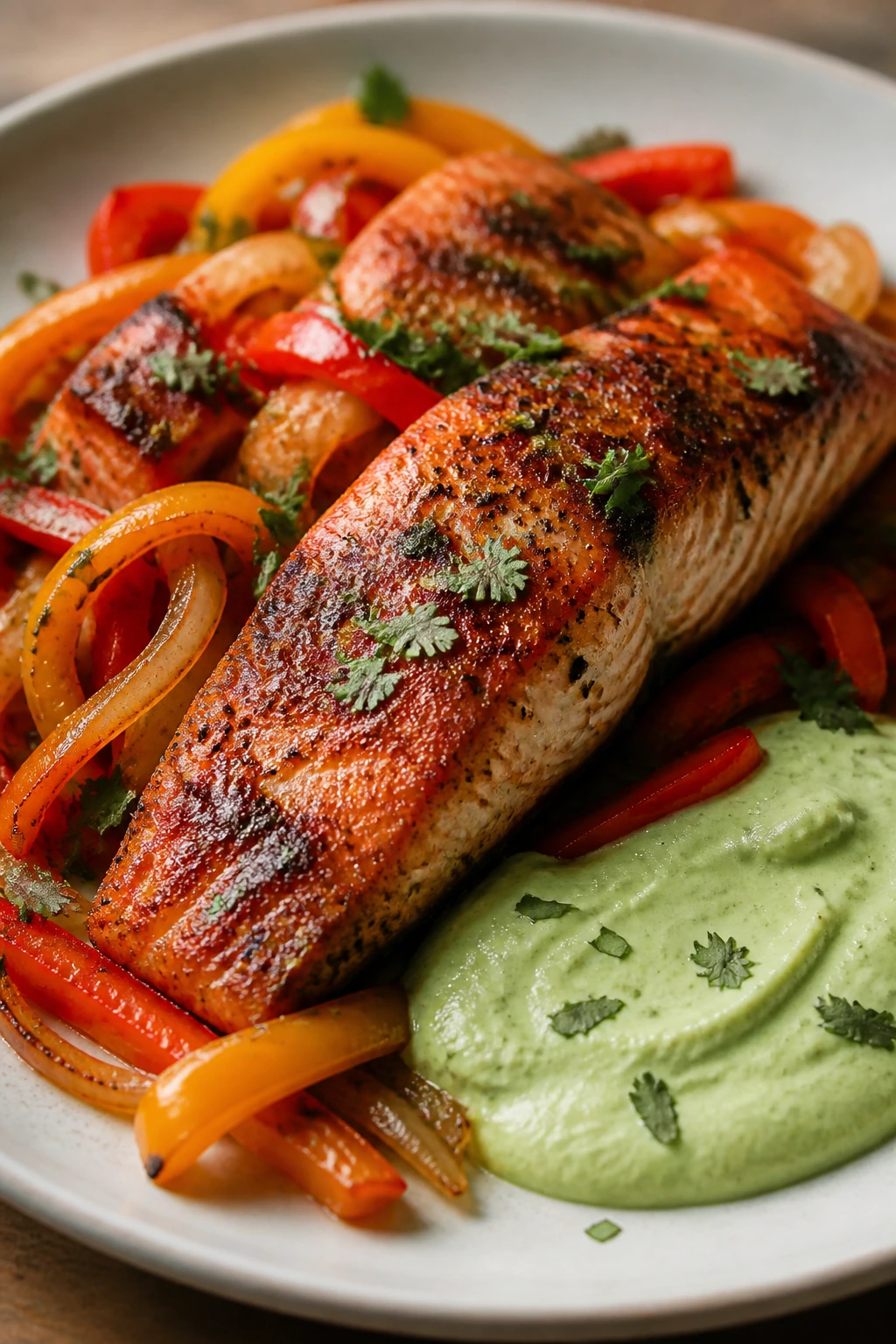 Salmon fajitas with avocado crema on a plate
