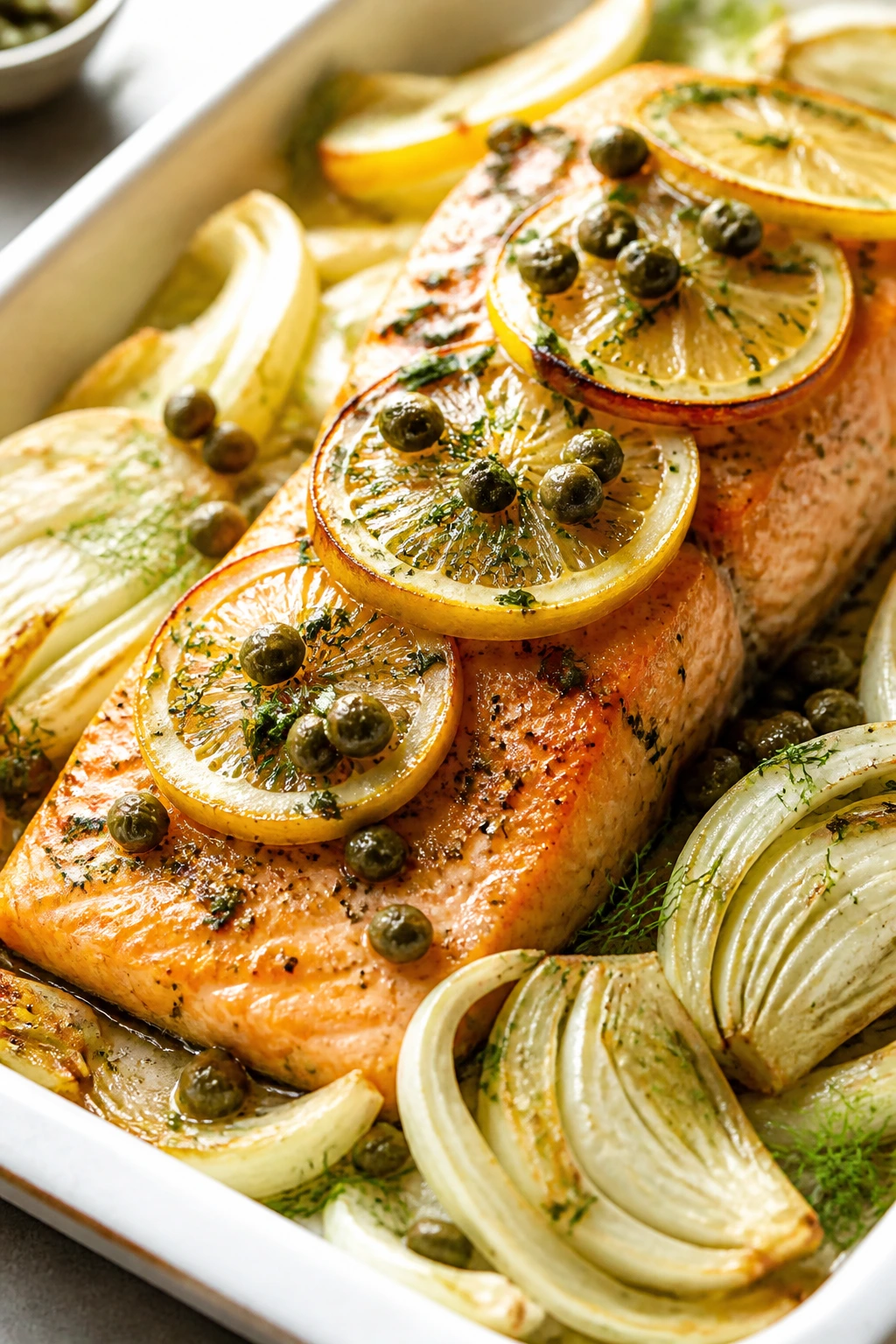 Salmon fillet with fennel and capers on plate