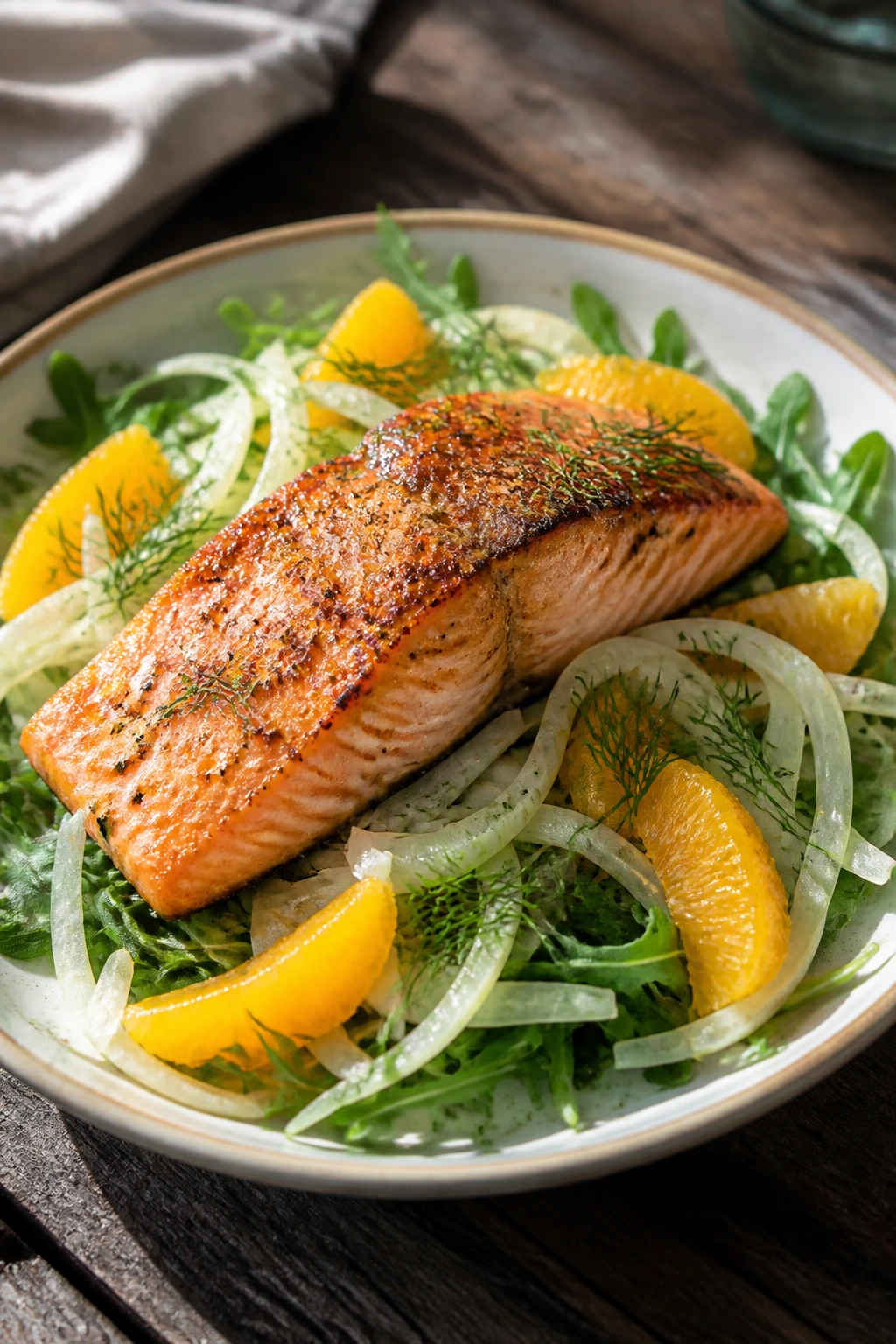 Close-up plated salmon with fennel and orange salad on rustic wood table