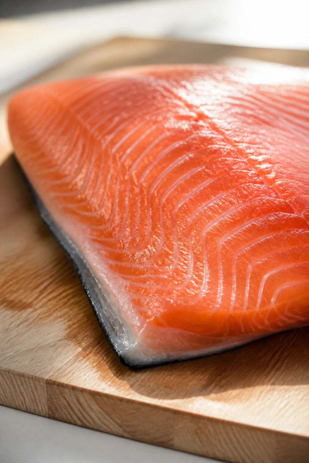 Close-up of a glossy salmon fillet on a kitchen board