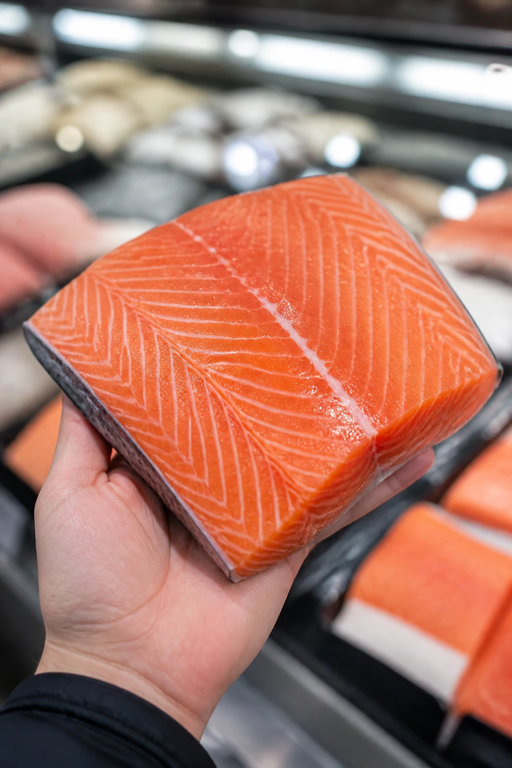 Close-up of thick center-cut salmon fillet in a shopper's hand at a grocery store