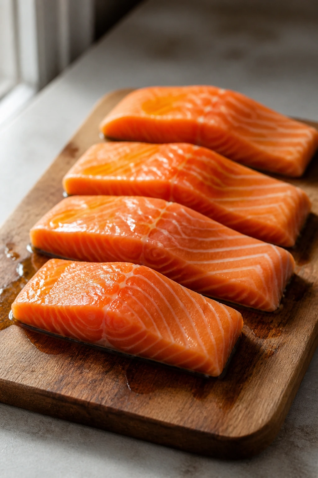 Four salmon fillets on a wooden board, ready for cooking