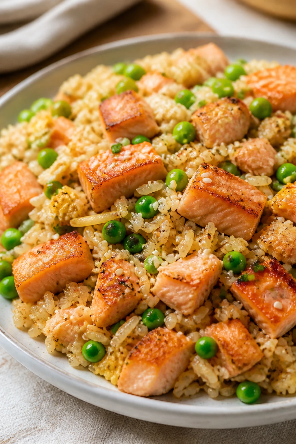 Close-up of salmon fried rice with ginger and peas on a plate